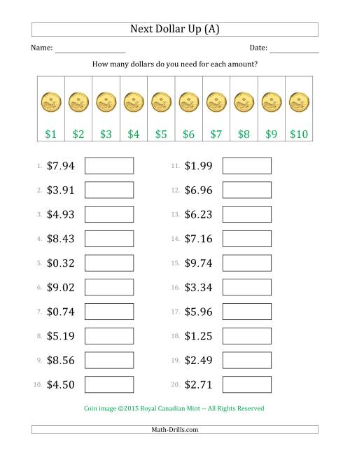 The Next Dollar Up Strategy with Amounts to $10 (Canada) (A) Math Worksheet