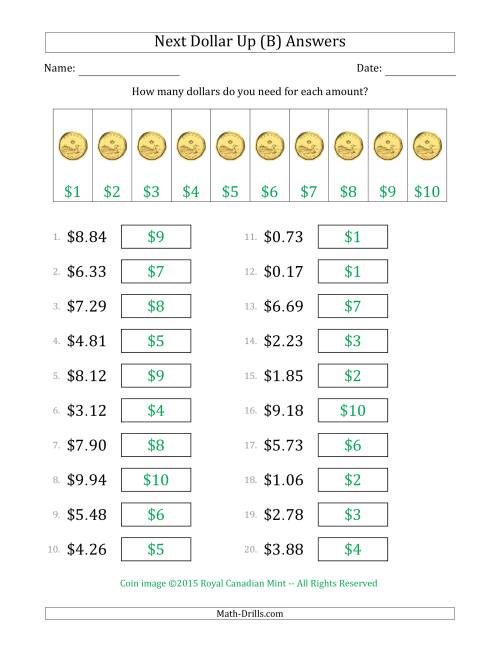 The Next Dollar Up Strategy with Amounts to $10 (Canada) (B) Math Worksheet Page 2