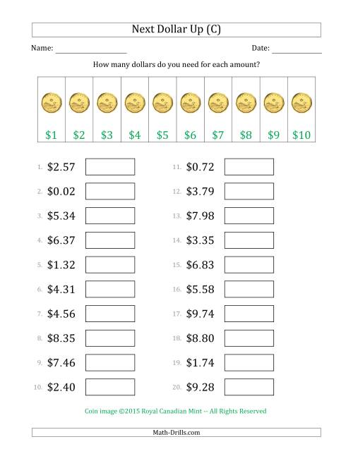 The Next Dollar Up Strategy with Amounts to $10 (Canada) (C) Math Worksheet