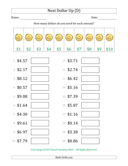 The Next Dollar Up Strategy with Amounts to $10 (Canada) (D) Math Worksheet