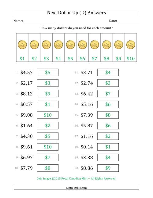 The Next Dollar Up Strategy with Amounts to $10 (Canada) (D) Math Worksheet Page 2