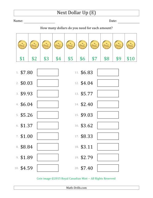 The Next Dollar Up Strategy with Amounts to $10 (Canada) (E) Math Worksheet