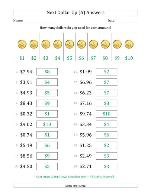 The Next Dollar Up Strategy with Amounts to $10 (Canada) (All) Math Worksheet Page 2