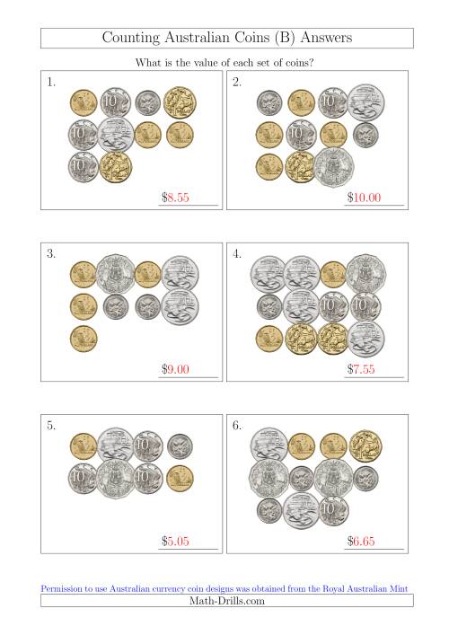 The Counting Australian Coins (B) Math Worksheet Page 2