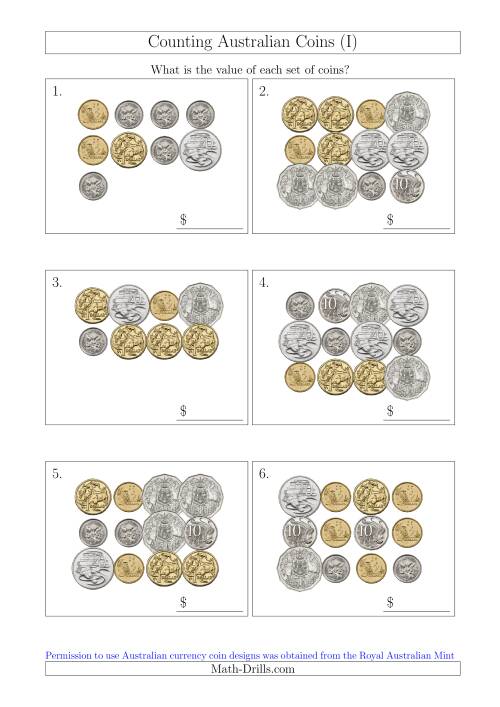 The Counting Australian Coins (I) Math Worksheet