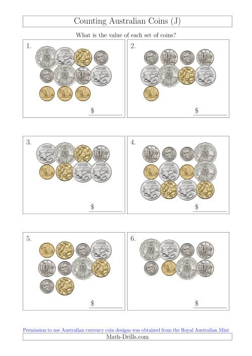 The Counting Australian Coins (J) Math Worksheet