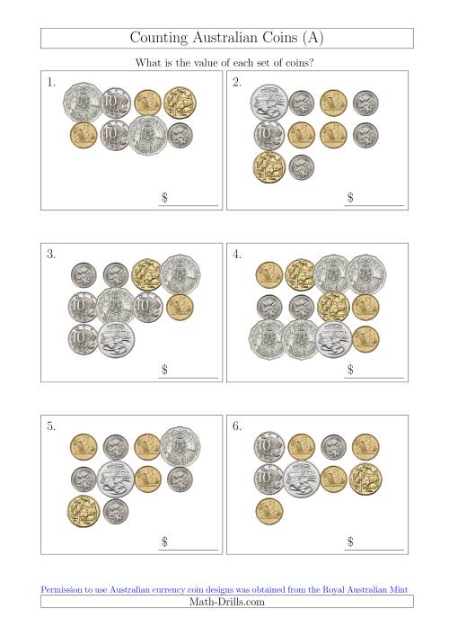 The Counting Australian Coins (All) Math Worksheet