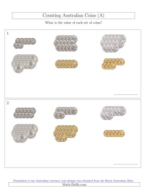 The Counting Australian Coins Sorted Version (A) Math Worksheet