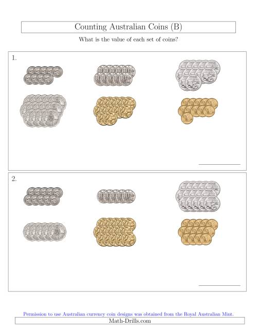 The Counting Australian Coins Sorted Version (B) Math Worksheet