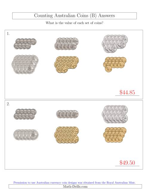 The Counting Australian Coins Sorted Version (B) Math Worksheet Page 2