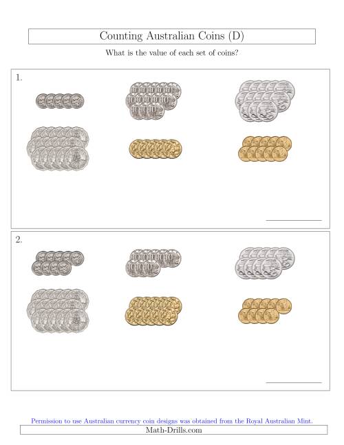 The Counting Australian Coins Sorted Version (D) Math Worksheet