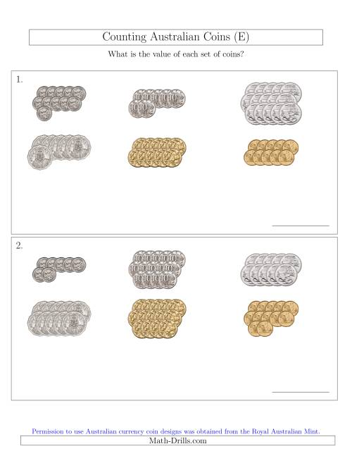 The Counting Australian Coins Sorted Version (E) Math Worksheet