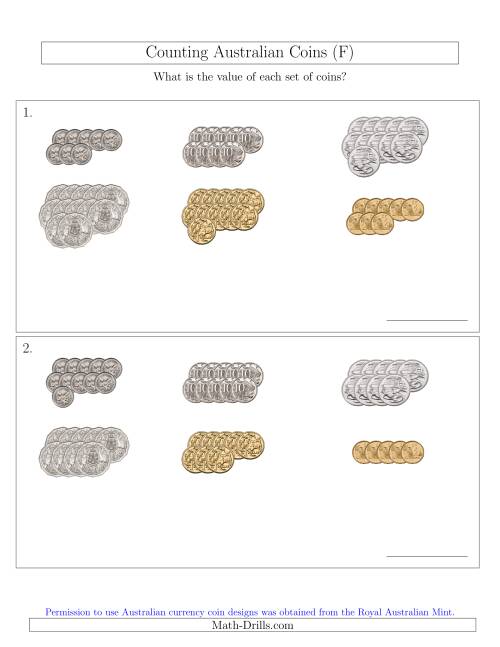 The Counting Australian Coins Sorted Version (F) Math Worksheet