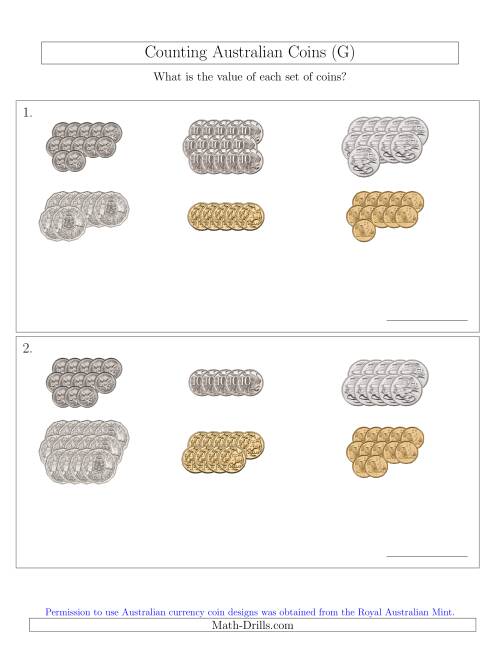 The Counting Australian Coins Sorted Version (G) Math Worksheet