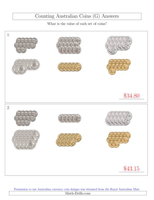 The Counting Australian Coins Sorted Version (G) Math Worksheet Page 2