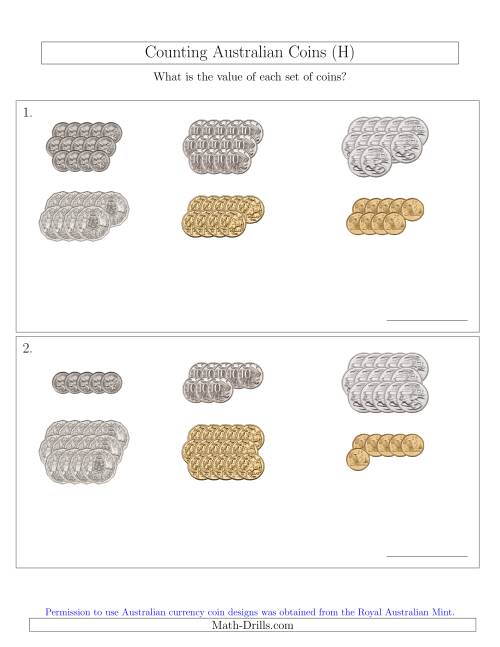 The Counting Australian Coins Sorted Version (H) Math Worksheet