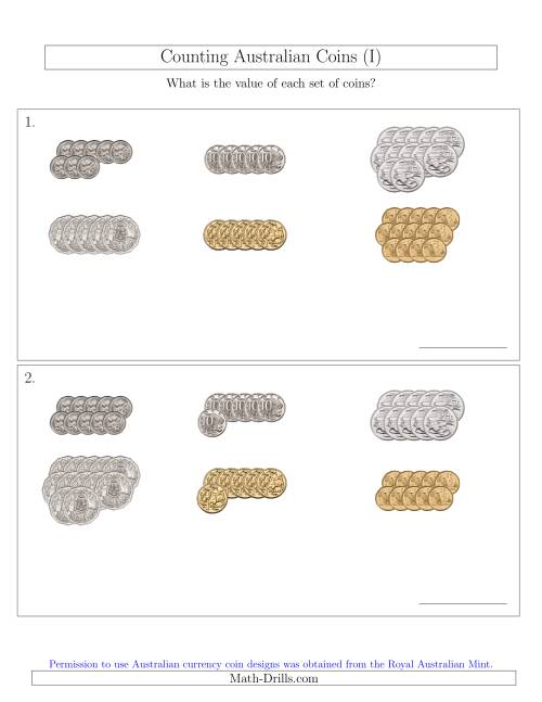 The Counting Australian Coins Sorted Version (I) Math Worksheet