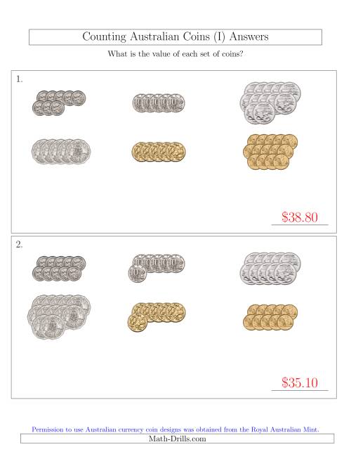 The Counting Australian Coins Sorted Version (I) Math Worksheet Page 2