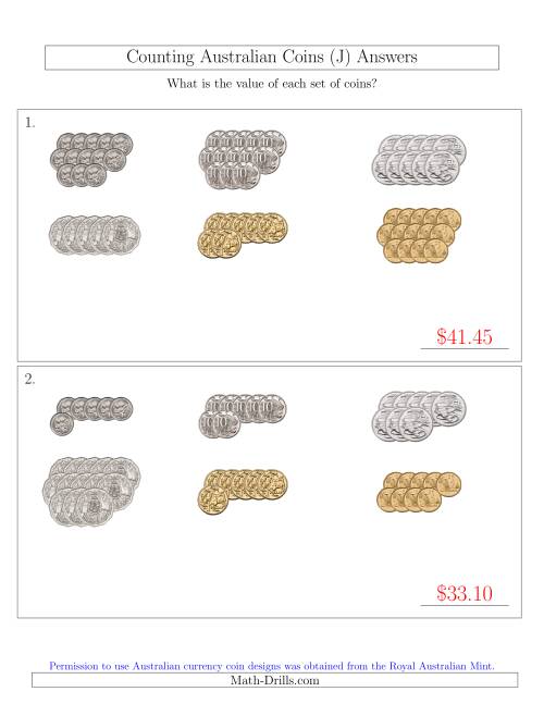 The Counting Australian Coins Sorted Version (J) Math Worksheet Page 2