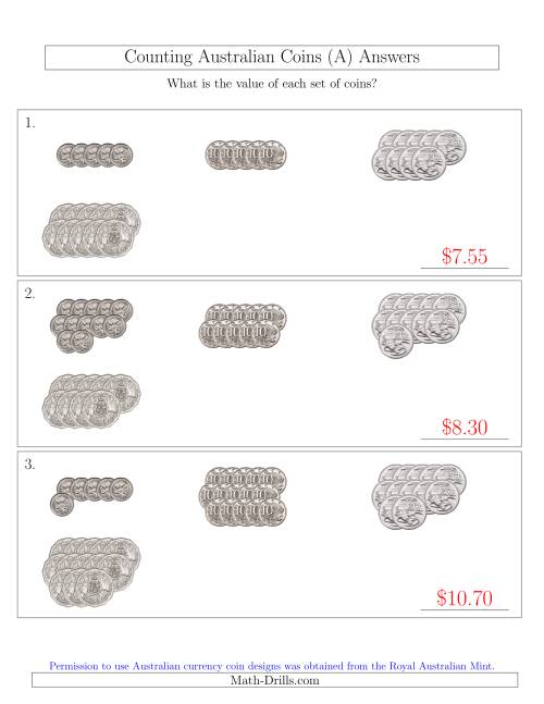 The Counting Australian Coins (No Dollar Coins) Sorted Version (A) Math Worksheet Page 2