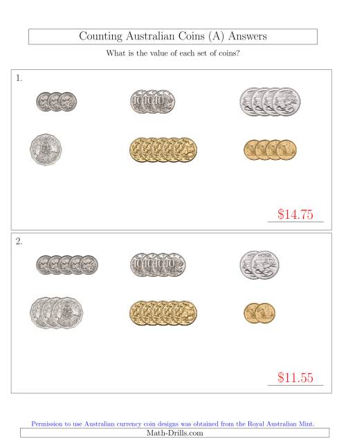The Counting Small Collections of Australian Coins Sorted Version (A) Math Worksheet Page 2