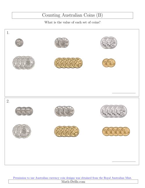 The Counting Small Collections of Australian Coins Sorted Version (B) Math Worksheet