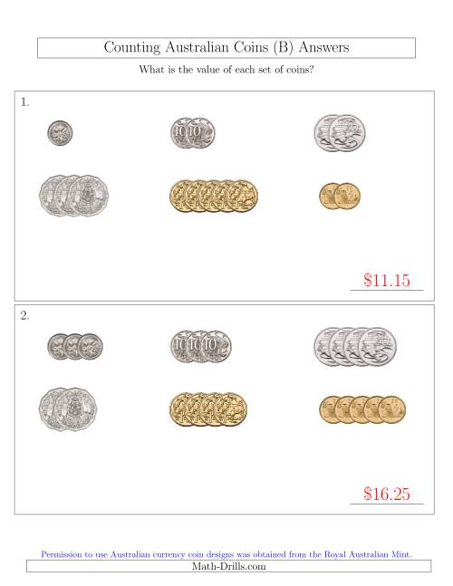 The Counting Small Collections of Australian Coins Sorted Version (B) Math Worksheet Page 2