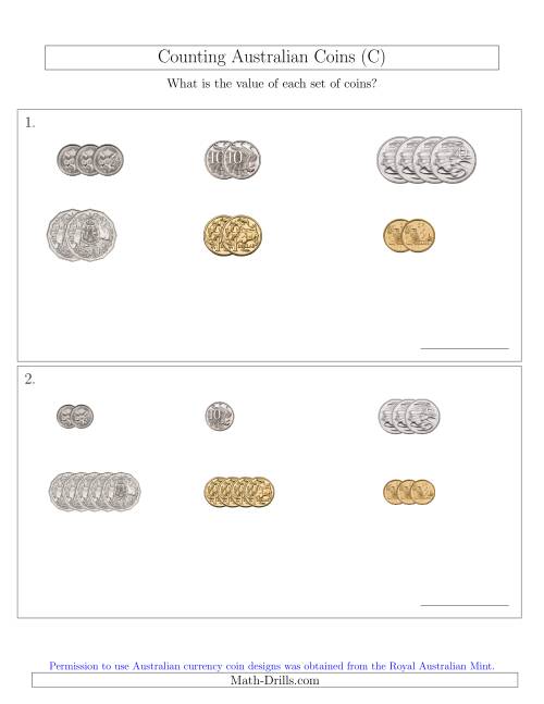 The Counting Small Collections of Australian Coins Sorted Version (C) Math Worksheet