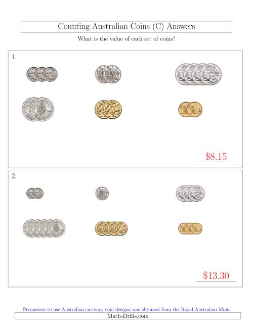 The Counting Small Collections of Australian Coins Sorted Version (C) Math Worksheet Page 2