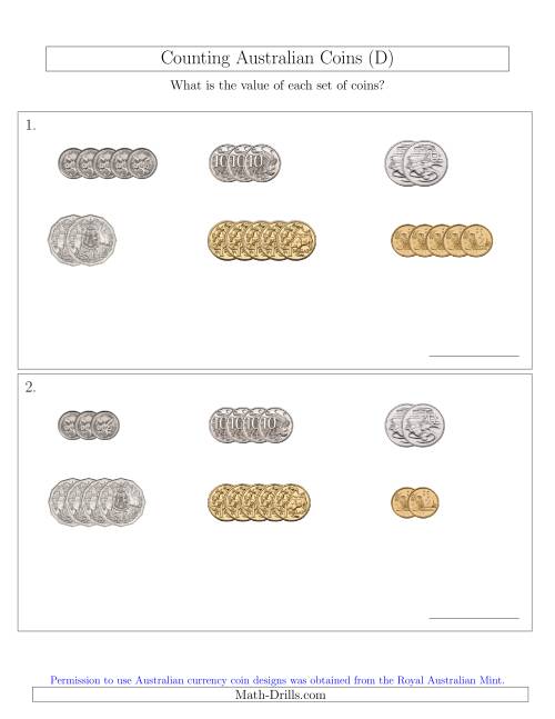 The Counting Small Collections of Australian Coins Sorted Version (D) Math Worksheet