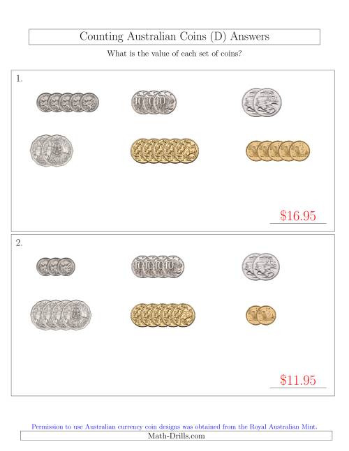 The Counting Small Collections of Australian Coins Sorted Version (D) Math Worksheet Page 2