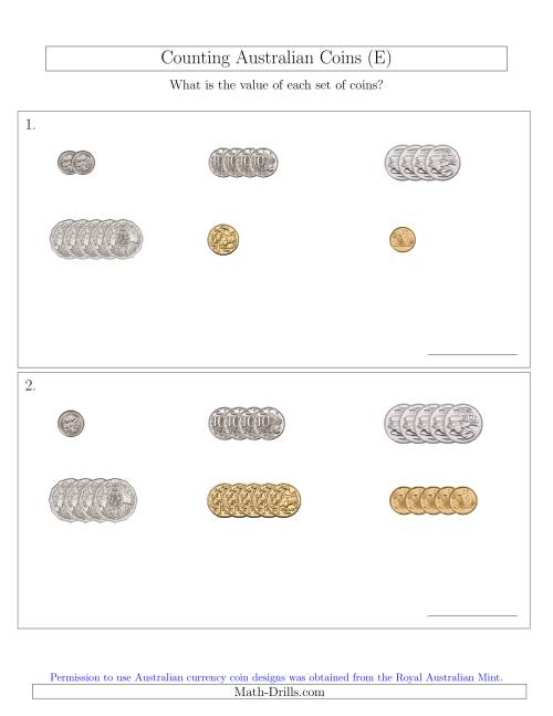The Counting Small Collections of Australian Coins Sorted Version (E) Math Worksheet