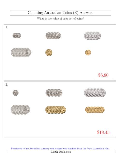 The Counting Small Collections of Australian Coins Sorted Version (E) Math Worksheet Page 2