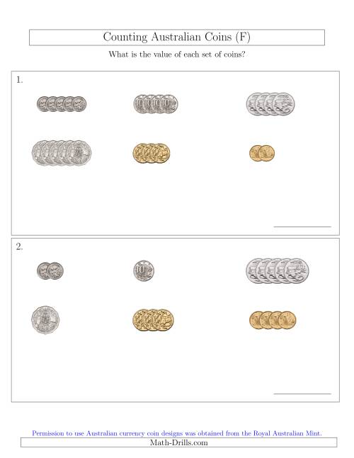 The Counting Small Collections of Australian Coins Sorted Version (F) Math Worksheet