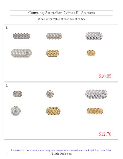 The Counting Small Collections of Australian Coins Sorted Version (F) Math Worksheet Page 2