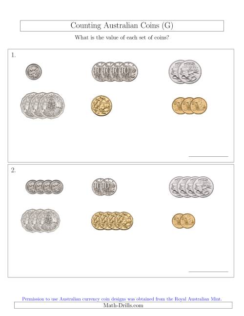 The Counting Small Collections of Australian Coins Sorted Version (G) Math Worksheet