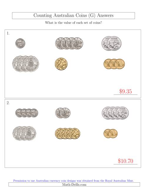 The Counting Small Collections of Australian Coins Sorted Version (G) Math Worksheet Page 2