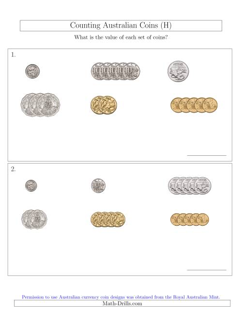 The Counting Small Collections of Australian Coins Sorted Version (H) Math Worksheet