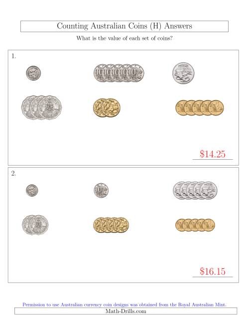 The Counting Small Collections of Australian Coins Sorted Version (H) Math Worksheet Page 2