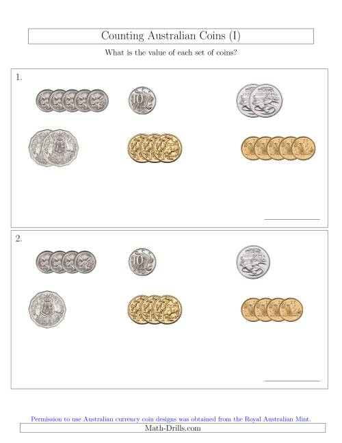 The Counting Small Collections of Australian Coins Sorted Version (I) Math Worksheet