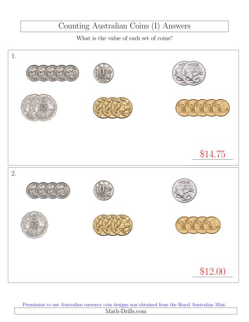 The Counting Small Collections of Australian Coins Sorted Version (I) Math Worksheet Page 2