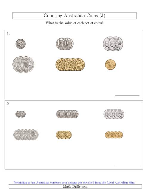 The Counting Small Collections of Australian Coins Sorted Version (J) Math Worksheet