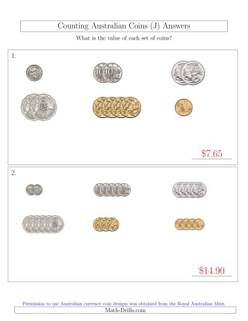 The Counting Small Collections of Australian Coins Sorted Version (J) Math Worksheet Page 2