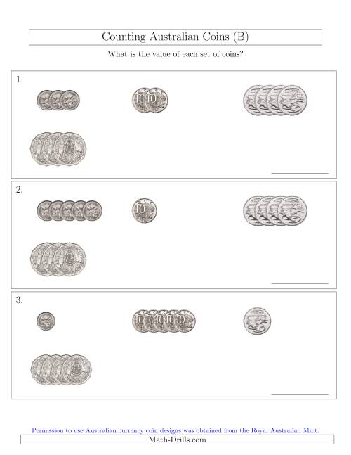 The Counting Small Collections of Australian Coins (No Dollar Coins) Sorted Version (B) Math Worksheet