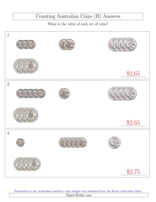 The Counting Small Collections of Australian Coins (No Dollar Coins) Sorted Version (B) Math Worksheet Page 2