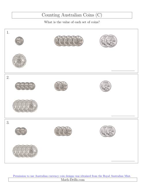 The Counting Small Collections of Australian Coins (No Dollar Coins) Sorted Version (C) Math Worksheet