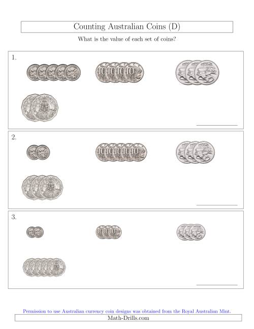 The Counting Small Collections of Australian Coins (No Dollar Coins) Sorted Version (D) Math Worksheet