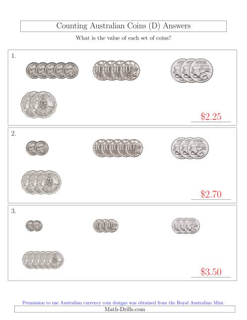 The Counting Small Collections of Australian Coins (No Dollar Coins) Sorted Version (D) Math Worksheet Page 2