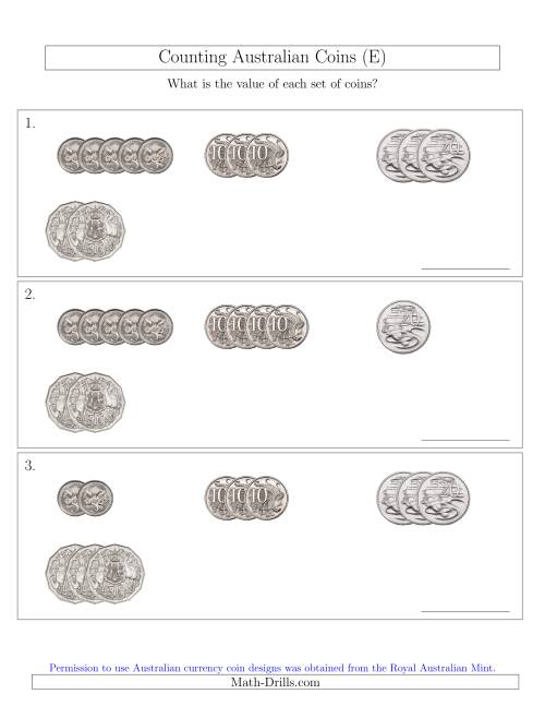 The Counting Small Collections of Australian Coins (No Dollar Coins) Sorted Version (E) Math Worksheet