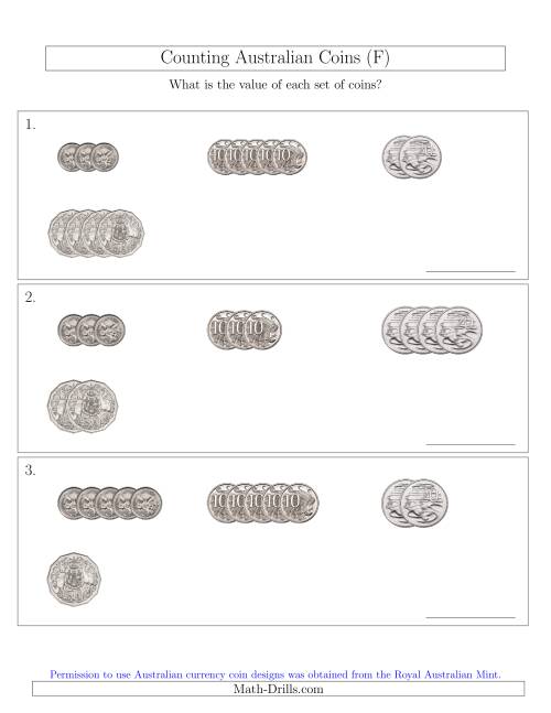 The Counting Small Collections of Australian Coins (No Dollar Coins) Sorted Version (F) Math Worksheet